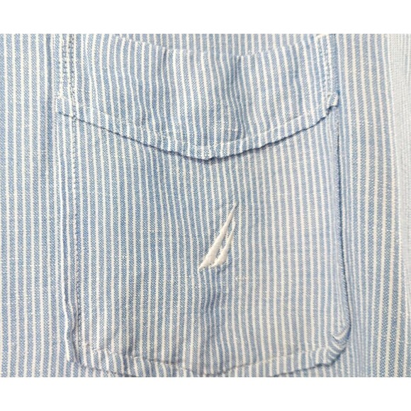 Nautica Baby Blue Linen Blend Shirt Size XL Railroad Stripe Button Down Long Sle - Picture 4 of 14